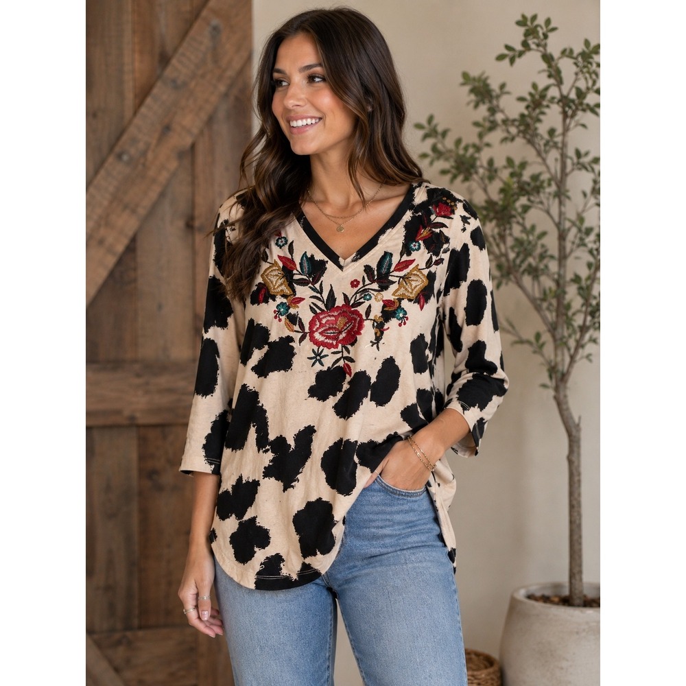CAITE Handmade With Heart & Soul S Embroidered Floral Cow Print Tunic Top Boho